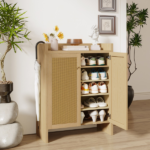 42.5" Tall Rattan Shoe Cabinet with Doors, 6-Tier Wooden Freestanding Shoe Storage Organizer with Adjustable Shelves, Mid-Century Entryway Shoe Cabinet for Hallway & Living Room - Image 21