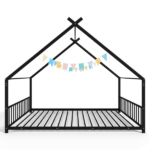 Full Size Metal House Bed Frame, Montessori Floor Bed with Safety Side Guard Rails, No Box Spring Needed, House-Shaped Platform Bed for Kids Toddlers Boys Girls, Black - Image 2