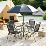 Black & Coffee 6-Piece Patio Dining Set for 4 – Complete with Umbrella, Round Glass Table & 4 Folding Chairs - Image 6