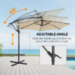 10FT Round Banana Hanging Patio Umbrella with 18 LED Lights, 6 Iron Ribs, Iron Straight & Curved Pole, Waterproof Polyester Canopy, with Stand Sleeve and Cross Base, Khaki - Image 26
