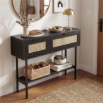 Black Rattan Console Table with Storage Cabinets & Open Shelf, 40 Inch Entryway Table with Sturdy Carbon Steel Frame for Living Room, Hallway, Sofa Table - Image 8