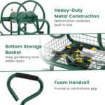 Heavy Duty Garden Hose Reel Cart with 10" Pneumatic Wheels, Large Capacity Hose Winder with Storage Basket & Brass Fittings -Green - Image 7