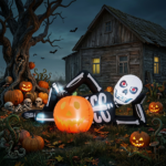 7ft Inflatable Halloween Decor with Lying Skeleton, 7 Built-in LED Lights, Black & White, 12V 1250mA US Power Adapter - Image 9