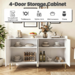 White 4-Door Buffet Storage Cabinet with Push-to-Open Soft Close Doors, Adjustable Metal Legs Anti-Tip Kits Engineered Wood Sideboard Coffee Bar Station for Kitchen Dining Living Room - Image 8