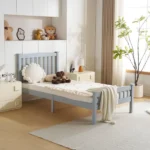 Twin Single-Layer Wooden Bed Vertical Decorative Strips Curved Headboard and Footboard Bed Frame Painted Pine Bed Frame 79.33*42.52*38.98in Grey - Image 12