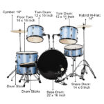 Full Size Adult Drum Set 5-Piece Blue with Bass Drum, two Tom Drum, Snare Drum, Floor Tom, 16" Ride Cymbal, 14" Hi-hat Cymbals, Stool, Drum Pedal, Sticks - Image 11