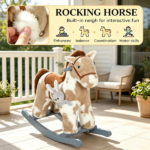 Brown Kids Rocking Horse – Soft Plush Horse Rocker with Rabbit Toy, Realistic Neigh for Playroom & Living Room - Image 6