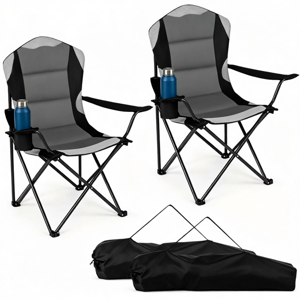 05d6fbe6-2f43-411c-8773-8d5a4faa550f.png 2 Pack Heavy Duty Folding Camping Chairs 330 LBS Capacity, 600D Oxford Padded Portable Outdoor Lawn Chairs with Cup Holder & Carry Bag - Black - Image 1