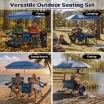 Portable Double Folding Beach Chair Set with Umbrella, 2-Person Outdoor Camping Chair with Cup Holders, Foldable Patio Chair for Picnic, Backyard, Travel, Blue - Image 10