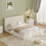 AirFrame Queen Bed Frame with adjustable Sliding Side Table, 8.7'' Cloud Upholstered Sponge Cushion, Easy Assembly (Off-White). - Image 9