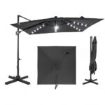 10x10 Ft Gray Solar LED Cantilever Patio Umbrella 360° Rotation Offset Hanging Umbrella with Lights
