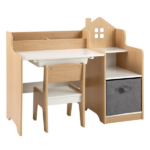 Kids Table and Chair Set with Storage Drawers House-Shaped Study Desk for Playroom Bedroom- Natural - Image 2