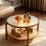 Walnut Boho 2‑Tier Round Coffee Table, PE Rattan Accent Side Table with Tempered Glass Top, Solid Acacia Wood Center Table with Storage Shelf for Living Room Apartment Balcony - Image 5