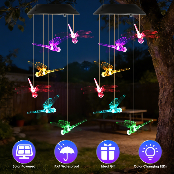 2PCS-Outdoor Solar Wind Chimes, Solar Dragonfly Wind Chimes, Color Changing LED Wind Chime Light, IPX4 Waterproof Outdoor Hanging Decor for Garden Patio Yard