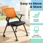 2 Pack Stackable Conference Room Chairs with Wheels, Folding Office Chair with Rebound Back, Padded Seat for Training Room, Guest, Reception, Event, Capacity 350lbs, Orange - Image 13