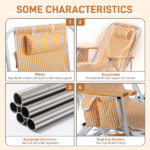 4-Position Adjustable Backpack Beach Chair, Foldable Rustproof Aluminum Frame Lounge Chair with Wooden Armrest, Side Storage Pockets & Detachable Pillow, 24"×22"×37" Outdoor Patio Camping Lawn Chair Holds up to 265 LBS, Orange White Vertical Stripe - Image 10