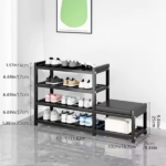 4-Tier Shoe Rack with Cushion,Heavy Duty Carbon Steel Frame, Anti-Slip Feet, Space-Saving Storage Organizer Shelf for Entryway, Living Room, Bedroom,Black - Image 2