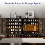 2-Door Barn Door Shoe Cabinet Made of Triamine Particleboard Black Square Shoe Cabinet with Single-Hole Handle 31.61*14.21*36.42in Black Oak - Image 8