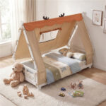 Twin Size Montessori House Floor Bed with Removable Canopy Tent, Solid Wood Kids Bed with Guardrails - White - Image 8