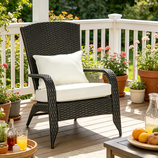 Cream White Outdoor All-Weather Rattan Fire Pit Chair with Soft Cushions Tall Curved Backrest for Garden Patio Furniture