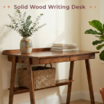 Solid Wood Writing Desk, Home Office Desk for Small Spaces, Mid Century Modern Desks with 2 Drawers & Storage Shelf, Standing Desk with Side Hooks for Study, Bedroom, Office (Walnut) - Image 15