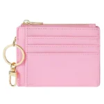 Pink minimalist ultra-thin mini wallet, artificial soft leather bank card bag, comes with a wrist strap, lanyard, and keychain, and is a portable small wallet for commuting and shopping