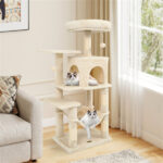 44" Multi-Level Cat Tree with Spacious Top Perch, 2-Door Condo & Hammock for Indoor Cats -Beige - Image 6