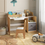 Kids Table and Chair Set with Storage Drawers House-Shaped Study Desk for Playroom Bedroom- Natural - Image 8