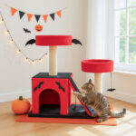 26" Gothic Cat Tree, Cat Tower with Spacious Cat Condo, 2 Padded Perches, Spider Toy, Scratching Posts, Scratching Ladder for Large Cats, Red & Black - Image 7