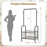 3-in-1 Rolling Clothes Rack with Storage Basket & Hooks, Metal Garment Rack for Laundry Bedroom - Black - Image 5