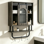 Farmhouse Industrial Wall Mounted Bathroom Cabinet with Sliding Fluted Door, 3‑Tier Storage Organizer with Towel Hooks, for Bathroom Kitchen Laundry Room - Image 6