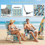 17 Inch Seat Height Beach Chair for Adults, Folding Portable Camping Chair with Headrest, Cup Holder, Side Pocket & Bottom Storage Bag, 7-Position Adjustable Aluminum Beach Chair, Heavy Duty 265 LBS Capacity, Oxford Fabric for Beach, Patio, Pool, Vintage Summer Print - Image 6