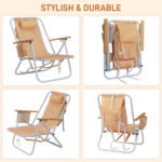4-Position Adjustable Backpack Beach Chair, Foldable Rustproof Aluminum Frame Lounge Chair with Wooden Armrest, Side Storage Pockets & Detachable Pillow, 24"×22"×37" Outdoor Patio Camping Lawn Chair Holds up to 265 LBS, Orange White Vertical Stripe - Image 5