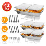 42-Piece Complete Disposable Chafing Dish Set - Includes 6 Half-Size Pans & Lids, 6 Full-Size Pans, Stands & Utensils - Aluminum Foil Material, Easy Cleanup - Perfect for Weddings, Parties