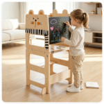 3-in-1 Convertible Toddler Learning Tower Step Stool with Chalkboard, Poplar Wood Flip Design Weaning Table Stool Set Anti-Tip Safety Guardrail 110 LBS Load for Kids 18+ Months Cat Pattern