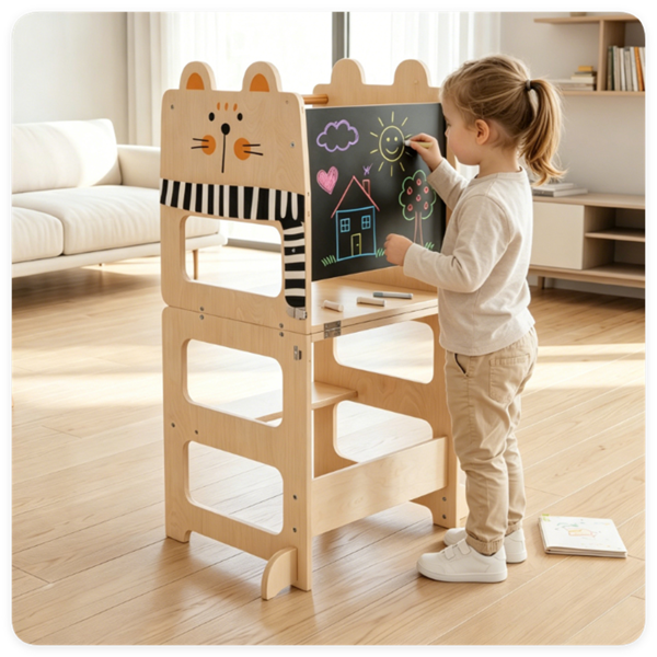 3-in-1 Convertible Toddler Learning Tower Step Stool with Chalkboard, Poplar Wood Flip Design Weaning Table Stool Set Anti-Tip Safety Guardrail 110 LBS Load for Kids 18+ Months Cat Pattern