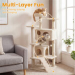 52" Tall Cat Tree Tower with Perches & Condos, Multi-Cat Playground with Scratching Posts (Beige) - Image 7