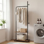 Industrial Rolling Clothing Rack with 2 Wooden Shelves & Hooks, Freestanding Garment Rack for Bedroom Entryway - Image 5