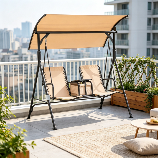 092a6890-1372-4817-b95a-bb424bb7d65d.png Beige 2-Seat Porch Swing with Adjustable Canopy, Built-in Storage Table & Cup Holders for Backyard - Image 1