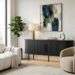 Black Embossed Particle Board TV Stand, Oval Tabletop 147×35×58cm, Entertainment Center with Slatted Sliding Doors, Modern Media Console Cabinet for Living Room - Image 3