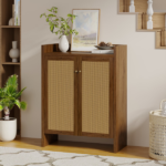 42.5" Tall Rattan Shoe Cabinet with Doors, 6-Tier Wooden Freestanding Shoe Storage Organizer with Adjustable Shelves, Mid-Century Entryway Shoe Cabinet for Hallway & Living Room--Walnut - Image 11