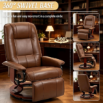 Brown Swivel Recliner Chair PU Leather Reclining Armchair Retractable Footrest Wood Base Adjustable High Back for Small Spaces Living Room RV Bedroom - Image 8
