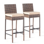 Set of 2 Patio Wicker Barstools, Outdoor Bar Height Chairs with Seat Cushions & Footrests for Patio Porch Backyard Living Room Balcony, Brown Gradient Rattan & Beige Cushion - Image 3
