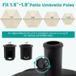 Rolling Fillable Patio Umbrella Base with Foldable Pull Rod & Hidden Wheels, Heavy Duty Water Sand Weighted Umbrella Stand with 2 Adapters for 7.5-11ft Umbrellas - Image 7