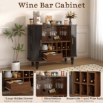 39" Fluted Liquor & Coffee Bar Cabinet with 6 Wine Racks and 3 Glass Holders, Mid-Century Modern Bar Cabinet with A Large Storage Drawer ,4 Hidden Storage Space on the Side , Black - Image 24