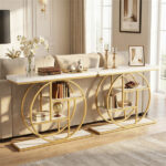 41 Inch Console Table with 3 Tier Open Shelves, Modern Entryway Sofa Table with O-Shaped Metal Frame for Living Room Hallway - White - Image 10