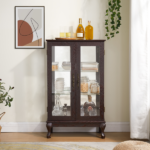 2 Doors Curio Cabinet with Tempered Glass Doors, Curio Cabinets with Mirrored Back Panel and Adjustable Shelves, Lighted Display Cabinet for Home, Office Light Bulb Included Cherry - Image 4