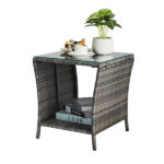 Outdoor Patio Wicker Side Table, Square End Table Bistro Coffee Table with Glass Top Storage Shelf for Porch Garden Backyard Grey SAME AS 19215985 - Image 15