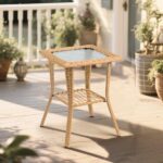 Outdoor Wicker Side Table, Rattan End Table with Glass Top, Patio Coffee Bistro Table for Indoor Garden Porch Balcony, Beige - Image 5