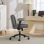 Cross Legged Chair with Flip-Up Armrests Leather, Cross Legged Office Chair on Wheels, Comfy Swivel Chair with Wide Seat for Home Office, Vanity, Ergonomic Desk Chair Adjustable, Grey - Image 5